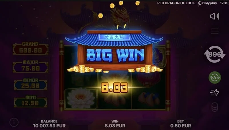 Red Dragon of Luck – hovedskærm med 3x3 gitter og rød drage